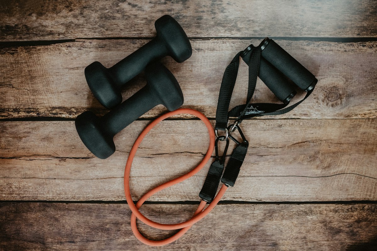 Heavy steel adjustable dumbbells in organized home gym setting showing compact strength training gear
